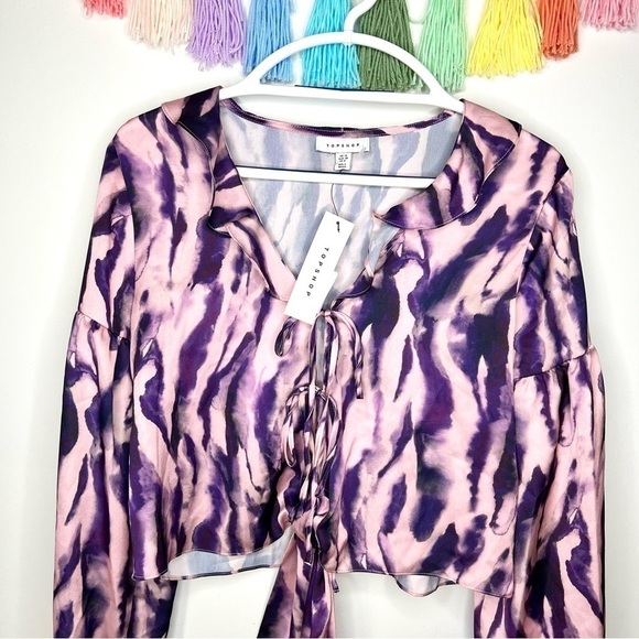 Topshop Pink and Purple Tie Dye Ruffle Flouncy Lightweight Blouse Size 6 - Picture 4 of 16
